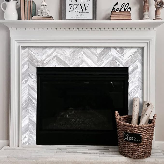 DICOFUN Herringbone Peel and Stick Backsplash, Vintage White Wood Look PVC Stick on Backsplash for Kitchen and Bathroom, 1 Sheet