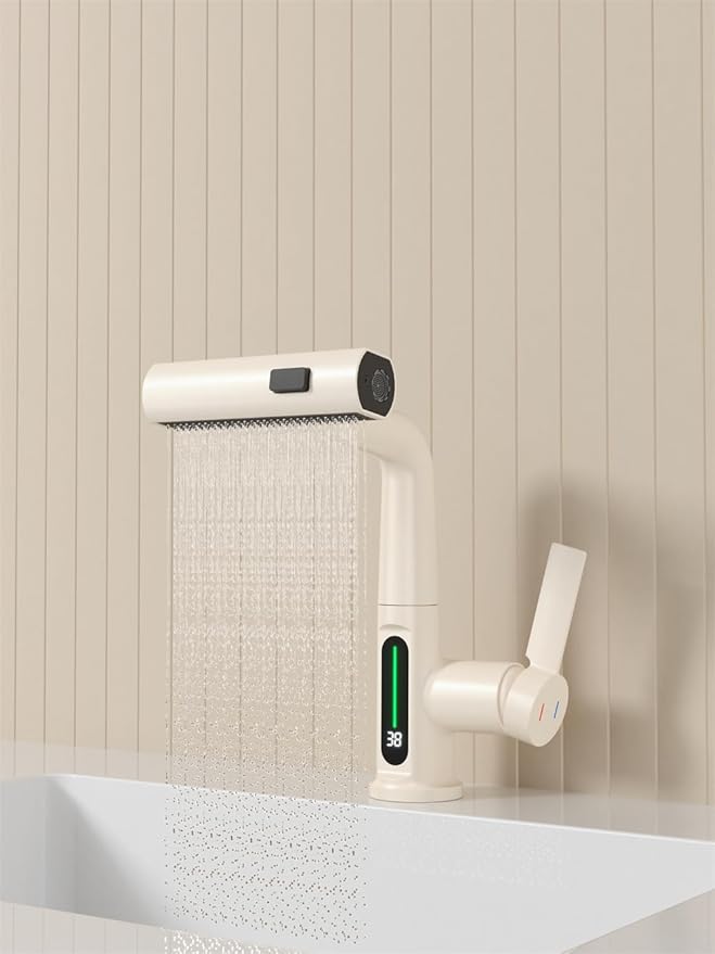 Bathroom One Hole Sink Basin Faucet with Waterfall Pull Down Sprayer,Vanity Single Handle 1 Hole Pull Out Faucet with Rainfall Spray Head Temperature Digital Display Mixer Tap Cream White