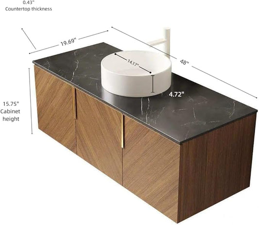 48 Inch Bathroom Vanity with Single Sink, Floating Bathroom Vanity with Vessel Sink, Modern Bathroom Vanity Cabinet with 3 Doors, Sintered Stone Countertop and Ceramic Sink,Brown Oak