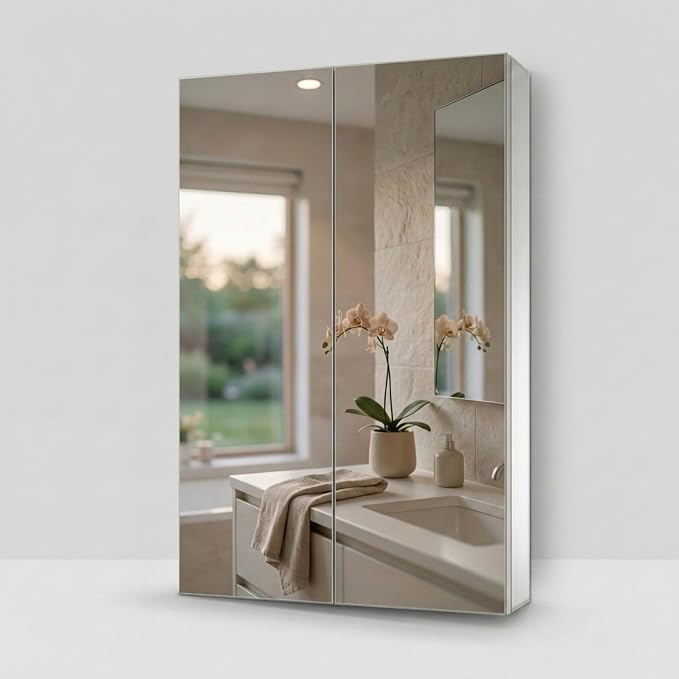 Bathroom Medicine Cabinet, Aluminum, Recessed/Surface Mount, 24" x 36", Right/Left Hinged, Mirrored Interior