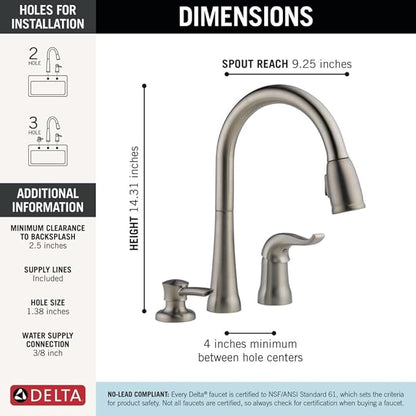 Delta Kate Brushed Nickel Kitchen Faucet with Pull Down Sprayer and Soap Disperser, Modern Two Hole Kitchen Sink Faucet, Single Handle, Stainless 16970-SSSD-DST