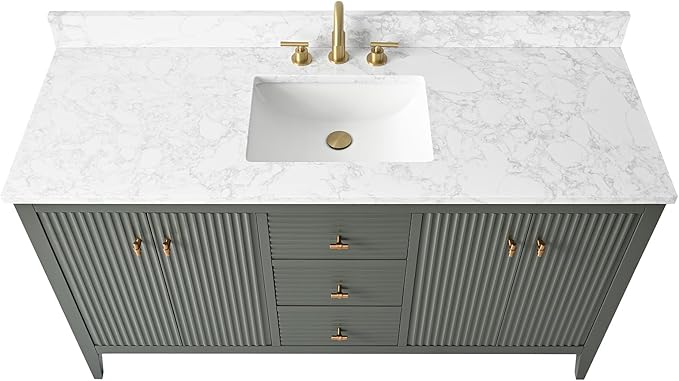 HOMEBEYOND 60" Bathroom Vanity with Single Sink, Solid Wood Bathroom Vanity Free-Standing Cabinet, Ceramic Top & Soft Closing Door, Golden Brushed Handware, Vintage Green