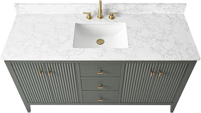 HOMEBEYOND 60" Bathroom Vanity with Single Sink, Solid Wood Bathroom Vanity Free-Standing Cabinet, Ceramic Top & Soft Closing Door, Golden Brushed Handware, Vintage Green