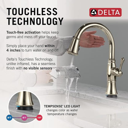 Delta Cassidy Touchless Kitchen Faucet with Touch Technology, Polished Nickel Kitchen Sink Faucet with Pull Down Sprayer, Single Hole, Lumicoat Polished Nickel 9197TL-PN-PR-DST