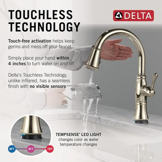 Delta Cassidy Touchless Kitchen Faucet with Touch Technology, Polished Nickel Kitchen Sink Faucet with Pull Down Sprayer, Single Hole, Lumicoat Polished Nickel 9197TL-PN-PR-DST