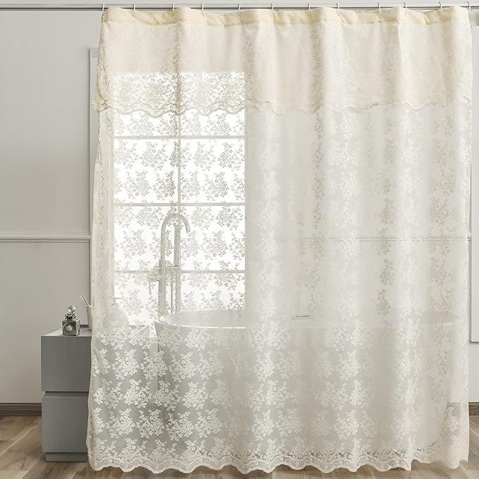 Ivory Lace Shower Curtain 72x72, Vintage Shabby Chic with Attached Valance | Fancy Shower Curtain with Scalloped, Flower Lace, Light-Filtering for Luxury Elegant Shabby Chic Bathrooms Light Beige