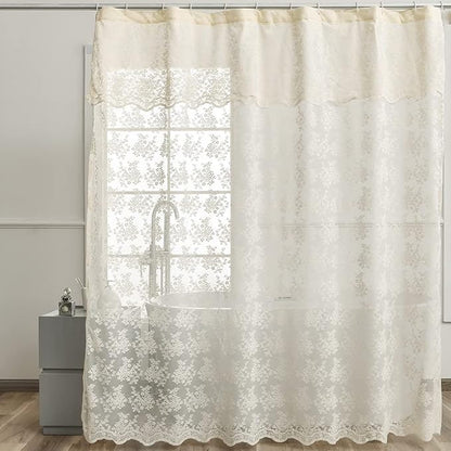 Ivory Lace Shower Curtain 72x72, Vintage Shabby Chic with Attached Valance | Fancy Shower Curtain with Scalloped, Flower Lace, Light-Filtering for Luxury Elegant Shabby Chic Bathrooms Light Beige