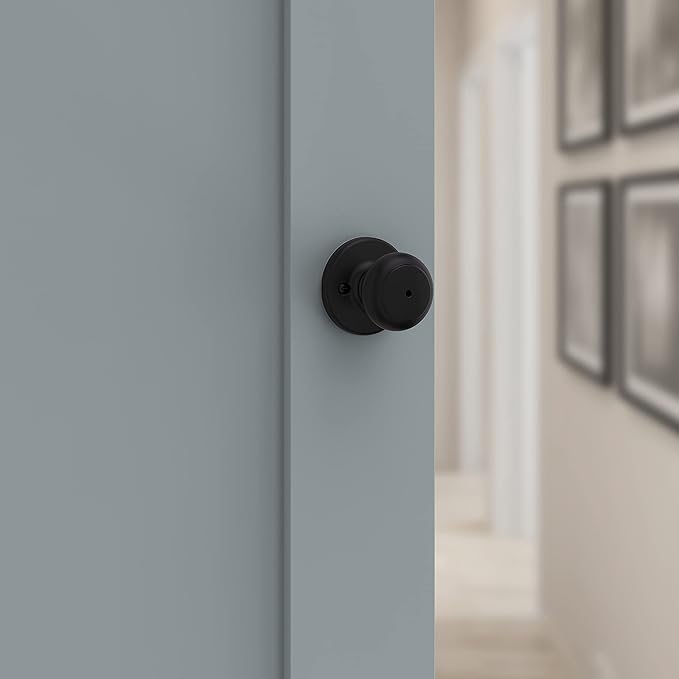 Kwikset Cove Interior Privacy Door Knob with Lock, Door Handle for Bathroom and Bedroom, Matte Black Keyless Turn Lock Doorknob (Pack of 4)