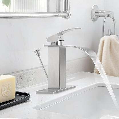 Brushed Nickel Bathroom Faucet with Lift Rod Drain, Waterfall Bathroom Sink Faucet Modern Single Handle Bathroom Faucte 1 or 3 Hole, RV Mixer Tap Vanity Faucet Washbasin Faucet with Deck
