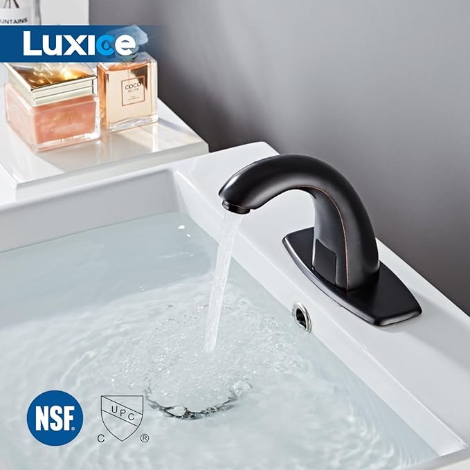 Luxice Oil Rubbed Bronze Touchless Bathroom Sink Faucet - Automatic Motion Sensor Battery Opertated with Temperature Mixing Valve for Commercial Lavatory
