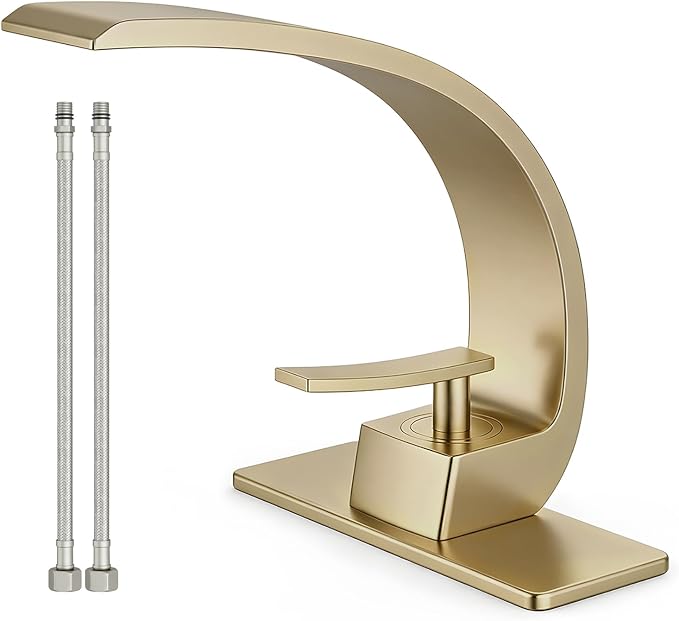Brushed Gold Single Hole Bathroom Faucet with Deck Plate，for 1 or 3 Hole Sink Installation, Solid Brass Single Handle Vanity Faucet for RV, Farmhouse, Commercial