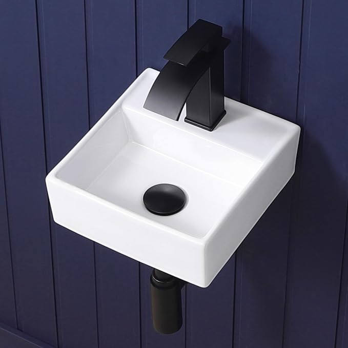 Small Vessel Sink 11"x12" Wall Mount Bathroom Sink Wall Mounted Rectangular Wall Hung Mini White Porcelain Ceramic Floating Tiny Sink,Easy Install, Durable, Space-Saving, Ideal for Home,RV