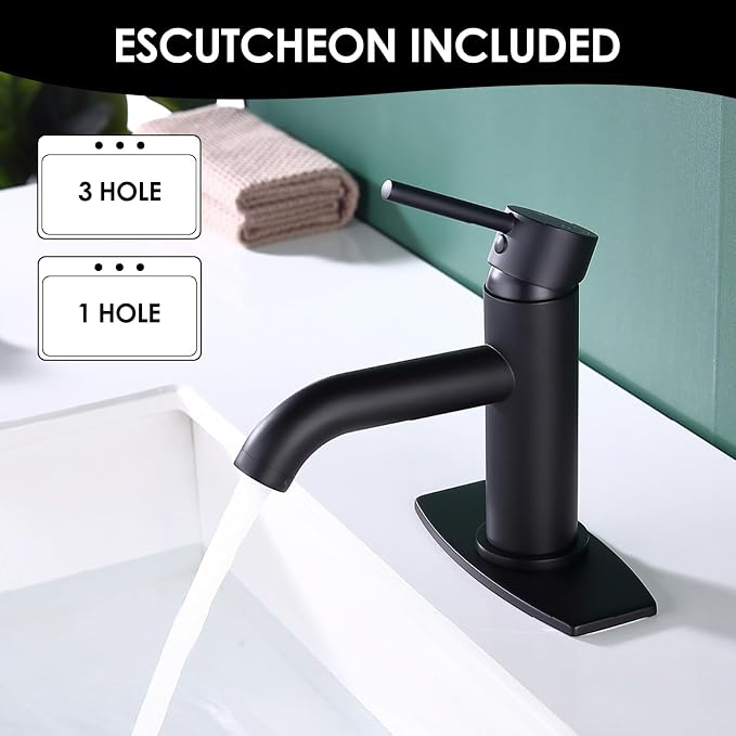 Single Handle Black Bathroom Faucet with Metal Drain Assembly and Escutcheon, Matte Black (Matte Black-JO1)