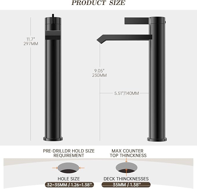 Phiestina Single Hole Matte Black Tall Bathroom Vessel Sink Faucet,Single Handle Waterfall Above Counter Sink Sink Faucet with Metal Pop Up Drain Without Overflow and Water Supply Line,FH04-MB-V