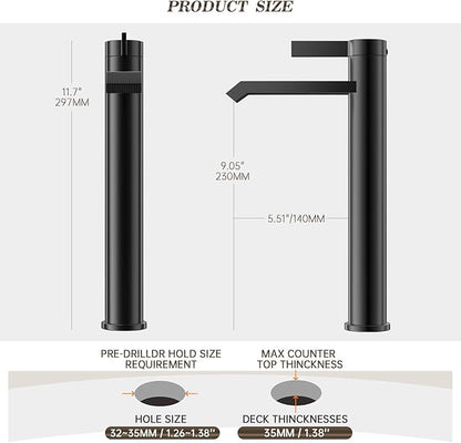 Phiestina Single Hole Matte Black Tall Bathroom Vessel Sink Faucet,Single Handle Waterfall Above Counter Sink Sink Faucet with Metal Pop Up Drain Without Overflow and Water Supply Line,FH04-MB-V