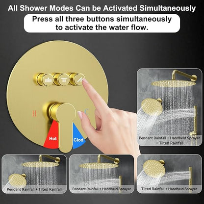 Shower Systems, Bostingner 12+6" Round Dual Rainfall Shower head with 2 in 1 Handheld Spray, Can Use All at Once, Wall Mount Push Button Shower Faucet Set with Valve and Trim Kit,Brushed Gold