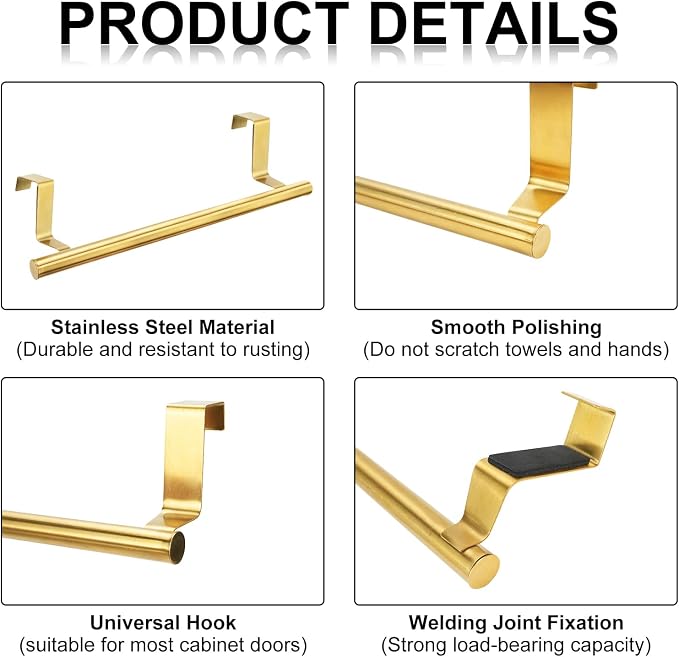 RETON 3 PCS Over Door Towel Rack, 9 Inch Stainless Steel Cabinet Towel Hanger Towel Bar Holders, Kitchen Towel Holder with Anti-Slip Pads, No Drilling (Gold)