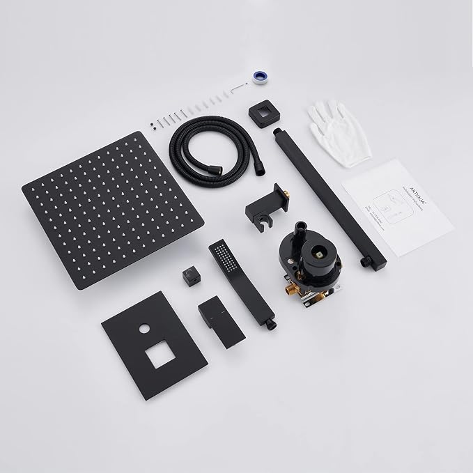 Rain Shower System 12 Inches Shower Combo Set Black Wall Mount Faucet Bathroom Faucets with Rainfall Shower Head and Hand Shower