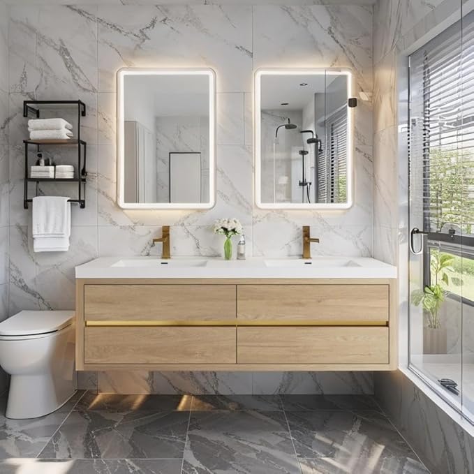 72" Wall-Mounted Bathroom Vanity with Sink | Waterproof Coating, 4 Drawers Floating Cabinet | Stone Resin Countertop & Soft Close Drawers | Modern Storage Solution, Natural Oak