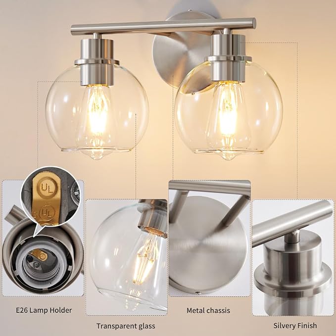 Bathroom Light Fixtures Over Mirror 2-Lights Bathroom Vanity Light with Clear Glass Shade 13.4 inch Modern Brushed Nickel Vanity Light Wall Sconce Vanity Light Bathroom Light for Bath, L1746