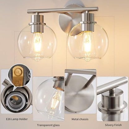 Bathroom Light Fixtures Over Mirror 2-Lights Bathroom Vanity Light with Clear Glass Shade 13.4 inch Modern Brushed Nickel Vanity Light Wall Sconce Vanity Light Bathroom Light for Bath, L1746
