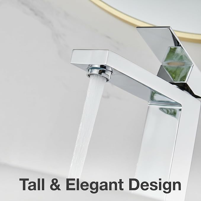 Chrome Vessel Sink Faucet, 1 Hole Single Handle Tall Bathroom Vanity Faucets, Modern Utility Rv Laundry Bath Restroom Mixer Tap with Metal Pop Up Drain and 2 Water Supply Lines