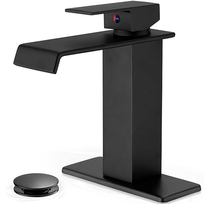 Waterfall Bathroom Faucet, Brass Matte Black Bathroom Faucet 1 Hole or 3 Holes, Bathroom Faucets Single Handle, 4 Inch Bathroom Sink Faucet with Deck Plate & Pop-Up Drain for Lavatory No Noise