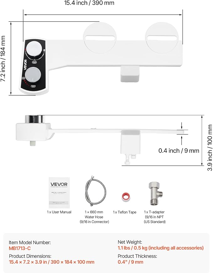 VEVOR Bidet Attachment for Toilet, Non-Electric Bidet Toilet Seat Attachment - Dual Retractable Nozzles, Adjustable Water Pressure, Easily Installed Cold Water Sprayer for Rear Feminine Wash, White