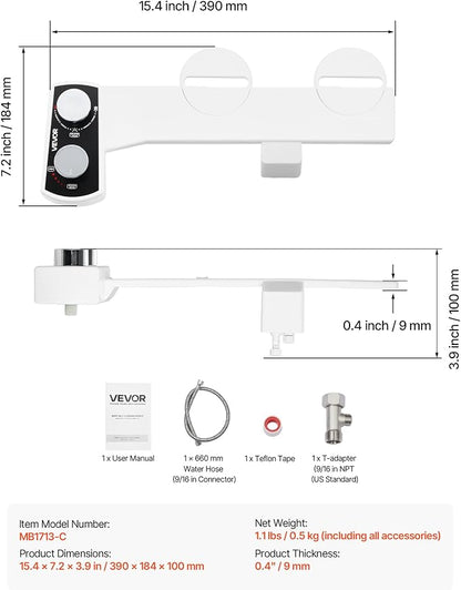 VEVOR Bidet Attachment for Toilet, Non-Electric Bidet Toilet Seat Attachment - Dual Retractable Nozzles, Adjustable Water Pressure, Easily Installed Cold Water Sprayer for Rear Feminine Wash, White