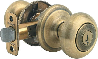 Kwikset Juno Entry Door Knob with Lock and Key, Secure Keyed Handle Exterior, Front Entrance and Bedroom, Antique Brass, Pick Resistant SmartKey Rekey Security and Microban