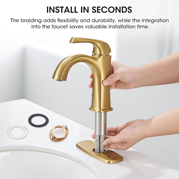 Brushed Gold Bathroom Faucet Single Hole Bathroom Faucet | Sink Faucet for Bathroom Vanity One Hole, with Pop Up Drain & Deckplate Farmhouse