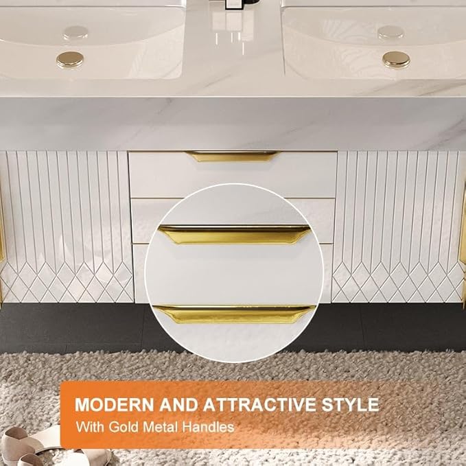 KunMai 59" White Floating Bathroom Vanity with Faux Marble Top, Double Ceramic Vessel Sinks, Wall-Mounted Design, 3 Drawers for Storage, Modern Bathroom Cabinet with Gold Hardware Finish