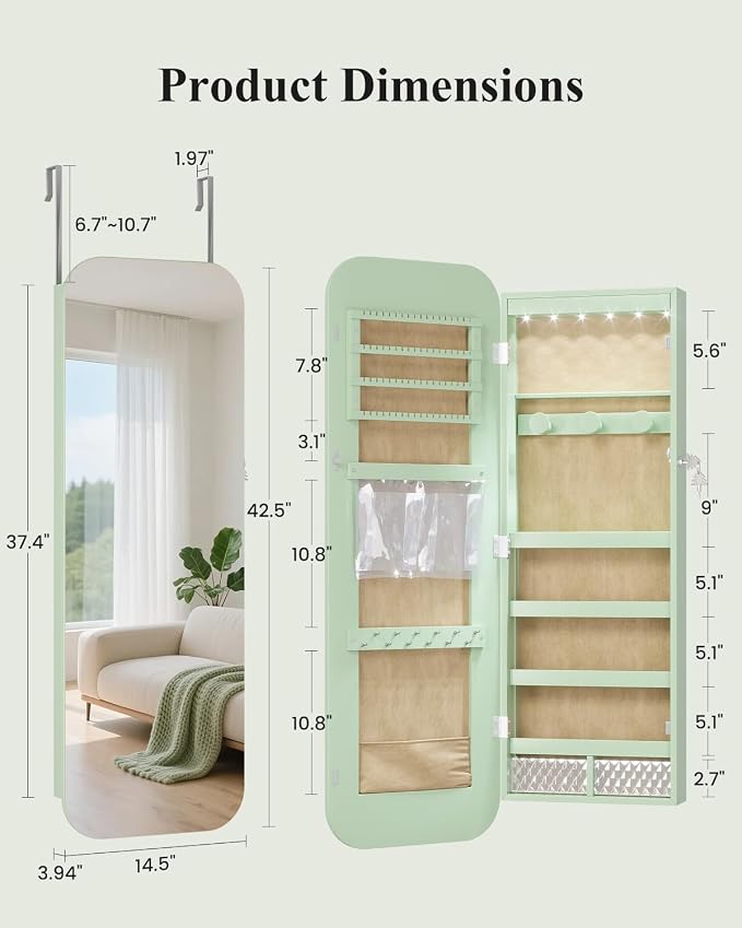 LVSOMT 6 LEDs Mirror Jewelry Cabinet Door Hanging, 42.5", Lockable, Green | Jewelry Organizer with Full Length Mirror, Wall Mounted Large Jewelry Storage for Earrings, Rings, Necklaces