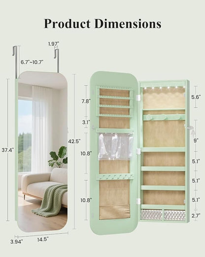 LVSOMT 6 LEDs Mirror Jewelry Cabinet Door Hanging, 42.5", Lockable, Green | Jewelry Organizer with Full Length Mirror, Wall Mounted Large Jewelry Storage for Earrings, Rings, Necklaces