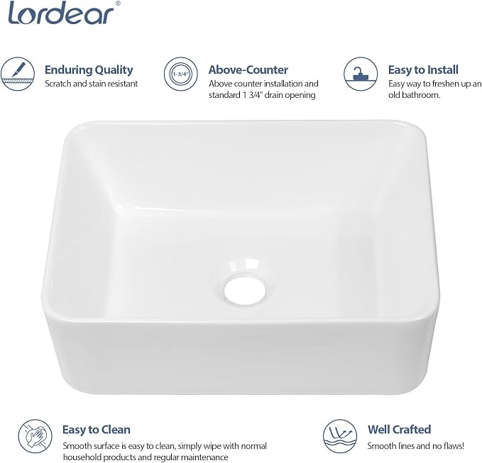 Lordear Vessel Sink Rectangular 16"x12" Rectangle Bathroom Sink | Pure White Porcelain Ceramic Vessel Sink, Rectangular Above Counter Sink Art Basin