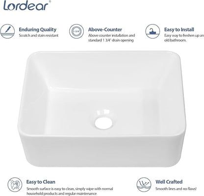 Lordear Vessel Sink Rectangular 16"x12" Rectangle Bathroom Sink | Pure White Porcelain Ceramic Vessel Sink, Rectangular Above Counter Sink Art Basin