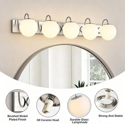 5 Lights Vintage Bathroom Vanity Light Fixtures Over Mirror, Brushed Nickel Vanity Lights For Bathroom With Milk White Glass Globe Shade, Wall Lights For Bedroom, Hallway, Dressing Table(G9 Incl.)