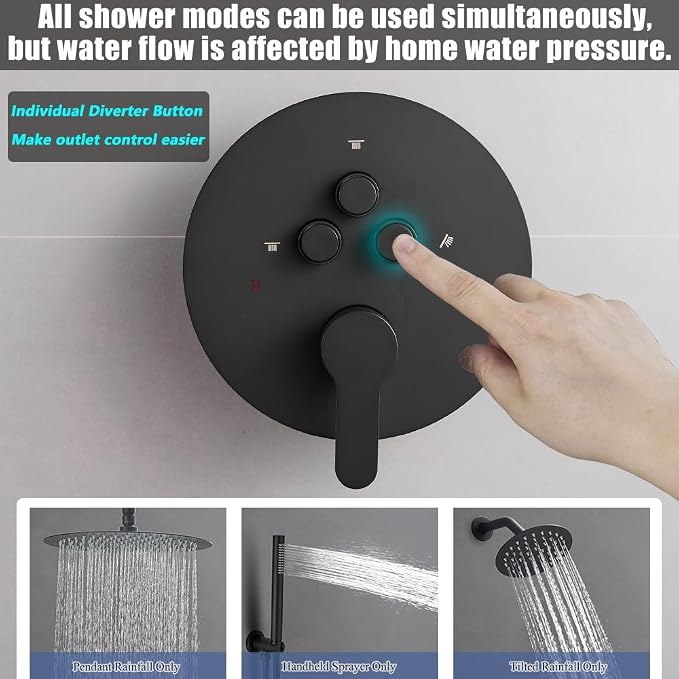 Shower Faucet Set Matte Black 12 Inch Round Ceiling Mount Rainfall Shower System with 2 Rain Shower Head and Handheld Head Push Button Diverter Shower Trim Kit and Rough-in Valve Body