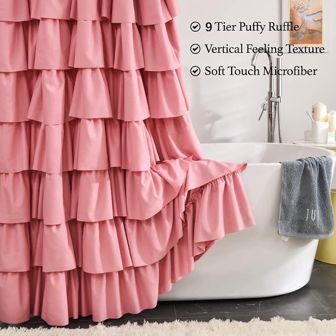Pink Ruffle Shower Curtain for Bathroom, 72x72 inch, Ruffled Layered Fabric | Cascading Ruffle Tiers, Standard 72 X 72 Size, 7ft, Soft Microfiber Fabric, 12 Hooks Included, Machine Washable, Farmhouse