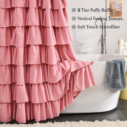 Pink Ruffle Shower Curtain for Bathroom, 72x72 inch, Ruffled Layered Fabric | Cascading Ruffle Tiers, Standard 72 X 72 Size, 7ft, Soft Microfiber Fabric, 12 Hooks Included, Machine Washable, Farmhouse
