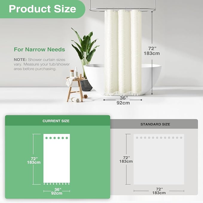 Stall Boho Farmhouse Shower Curtain Tufted Geometric 36"x72" Cream | Narrow Half Size, Elegant Tassel, Soft Lightweight Textured Fabric, Water Repellent, Washable, for Bathroom/Dorm 6 Hooks