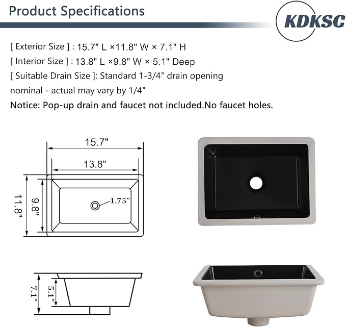 Undermount Bathroom Sink 16 Inch Black Rectangular with Overflow | Small Porcelain Ceramic Matte Black Vanity Basin (15.7"x11.8")
