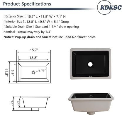Undermount Bathroom Sink 16 Inch Black Rectangular with Overflow | Small Porcelain Ceramic Matte Black Vanity Basin (15.7"x11.8")