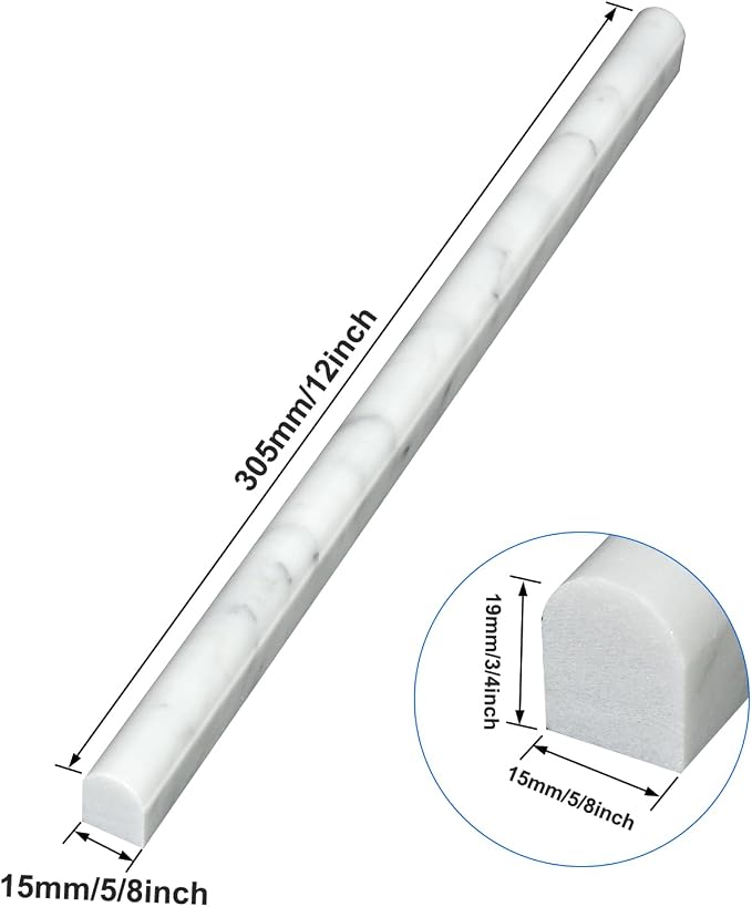 Carrara White 12 Pack of 3/5''x12'' Marble Pencil Liner Tile, Edge Trim Molding for Shower, Polished Bullnose Tile Trim for Kitchen and Bathroom Backsplash