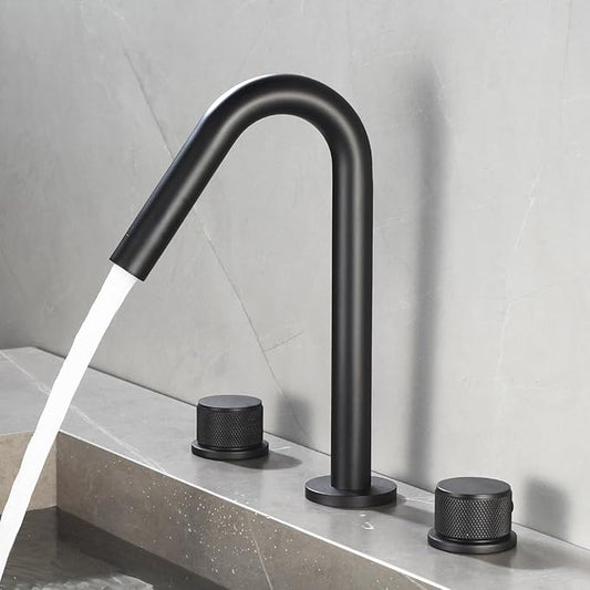 3 Hole Basin Mixer Faucet Brass Swivel Hot and Cold Water Double Handle 3 Hole Bathroom Faucets-Black