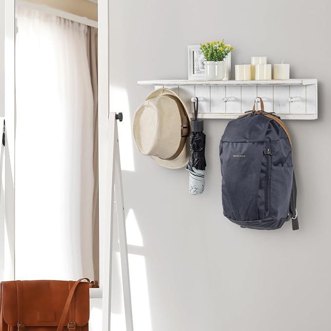 MyGift Wall Mounted White Wood Bathroom Shelf with 5 Hooks Towel Rack | Open Display Shelving with Five Hanging Pegs for Towels, Robes, Keys & Everyday Essentials, Rustic Farmhouse Style