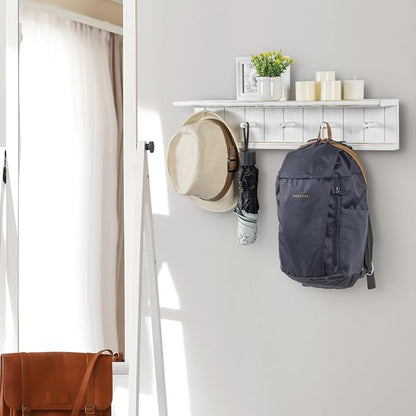MyGift Wall Mounted White Wood Bathroom Shelf with 5 Hooks Towel Rack | Open Display Shelving with Five Hanging Pegs for Towels, Robes, Keys & Everyday Essentials, Rustic Farmhouse Style
