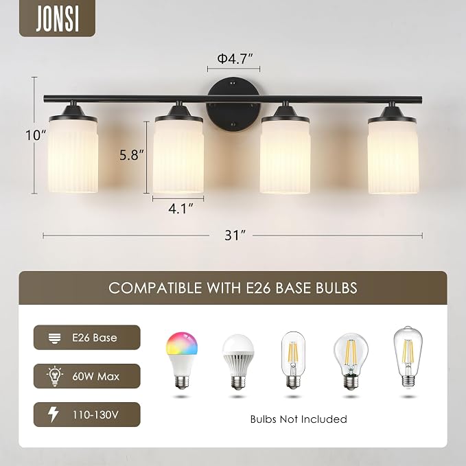 Jonsi Black Bathroom Light Fixtures 4-Light Vanity Lights Modern Wall Sconce with Milk White Shade Brushed Brass Bathroom Light Fixture Over Mirror for Bedroom Hallway Kitchen