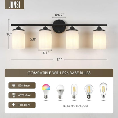 Jonsi Black Bathroom Light Fixtures 4-Light Vanity Lights Modern Wall Sconce with Milk White Shade Brushed Brass Bathroom Light Fixture Over Mirror for Bedroom Hallway Kitchen