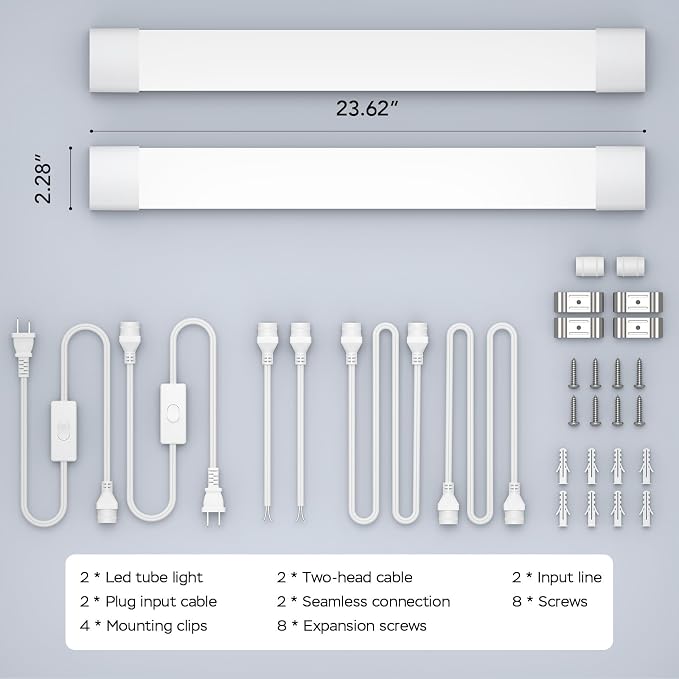 Plug in Light Fixtures 2FT 2PCS Linkable 5000K LED Shop Light, 18W Ceiling/Closet Light for Laundry Kitchen Garage Workbench, Under Cabinet Lighting, Triproof, White | Plug in Ceiling/Closet Light with Plug for Laundry Kitchen Garage, No-Flicker Workbe...